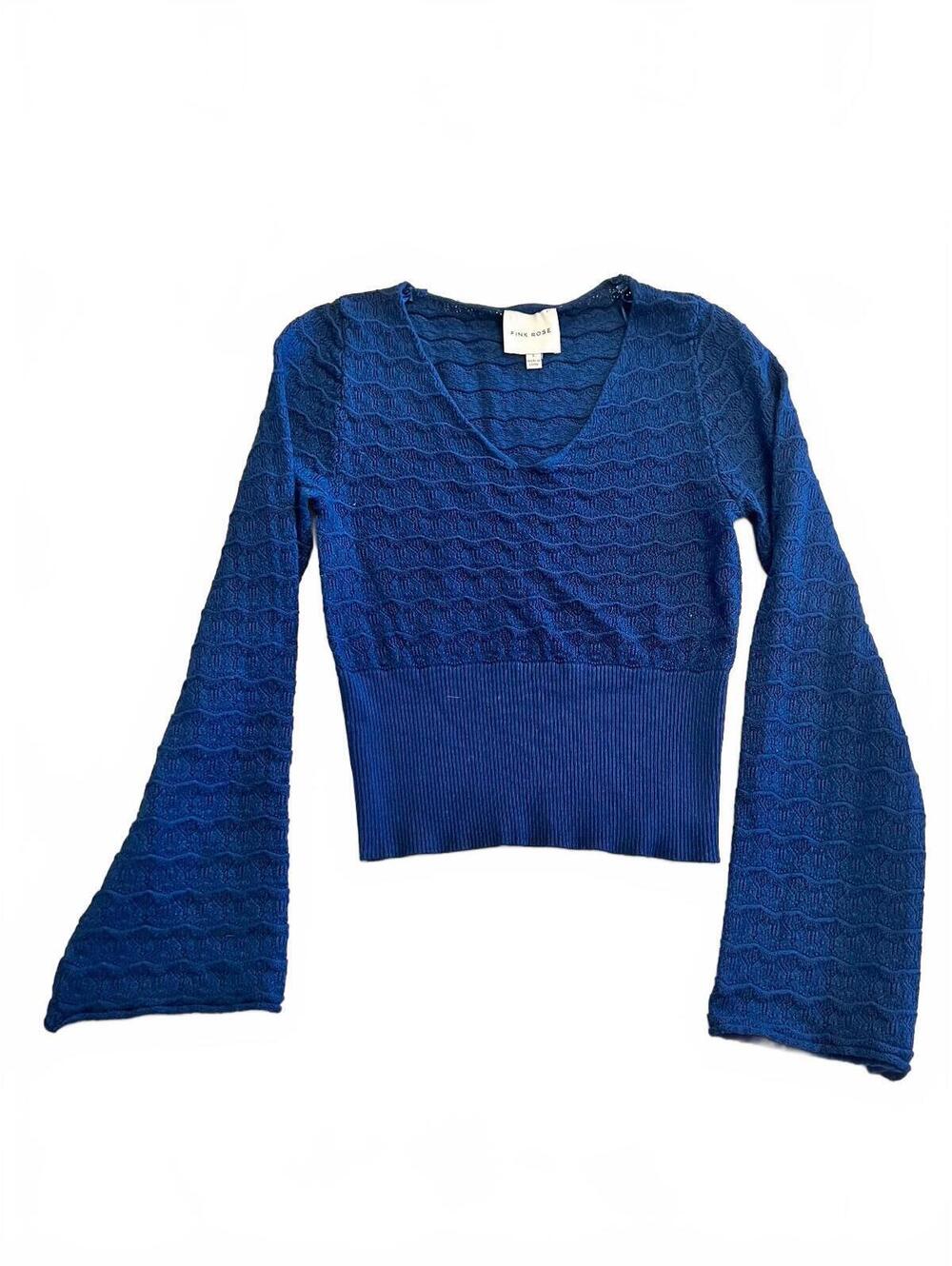 Pink Rose Navy Blue Textured Knit Pullover Sweater, Size Large